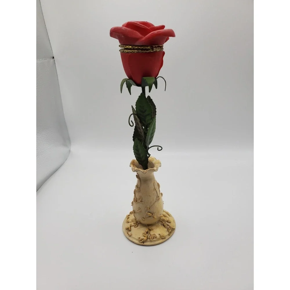 Rose In A Vase Ring Trinket Box Resin and Metal Velvety Lining 9